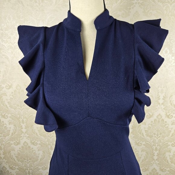 Knitee Size Small Navy Blue Sheath Dress Ruffles at Shoulders Split V Neck NWT - Picture 2 of 16